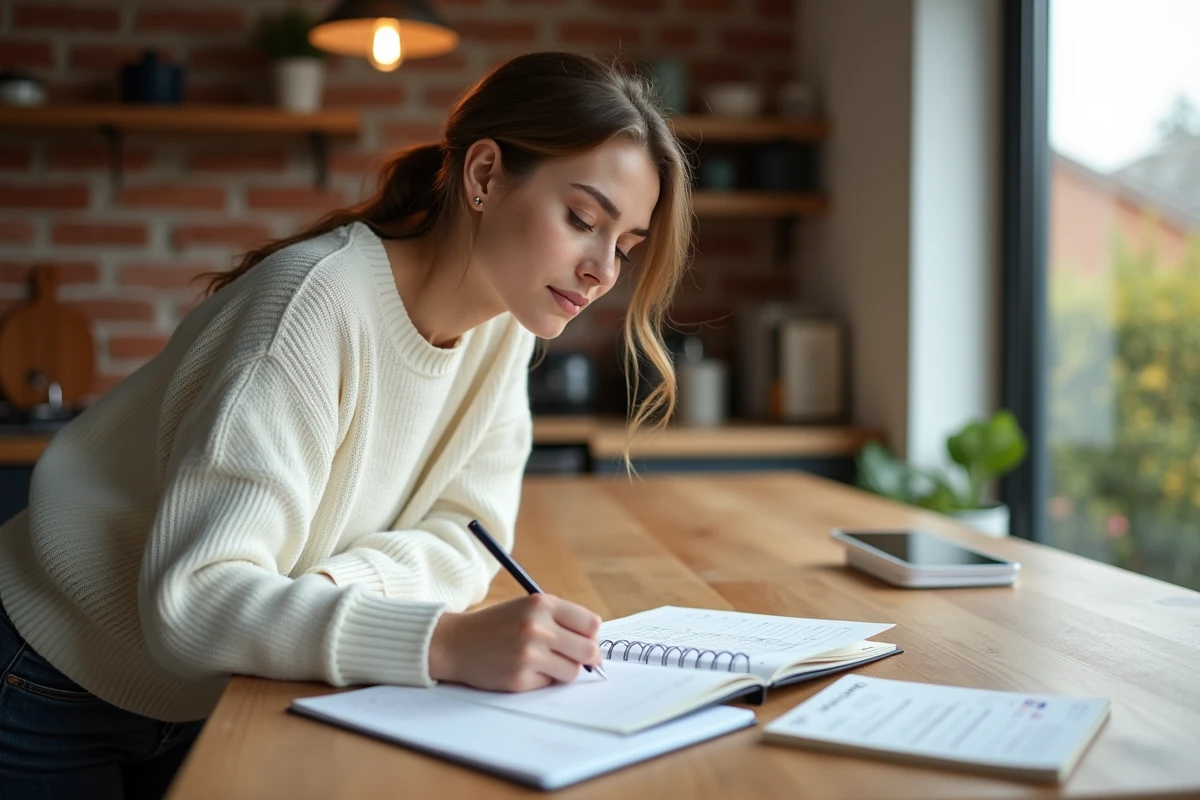 Jeune rédactrice prenant des notes pour un article de blog golf sur une table en bois dans une cuisine rustique
