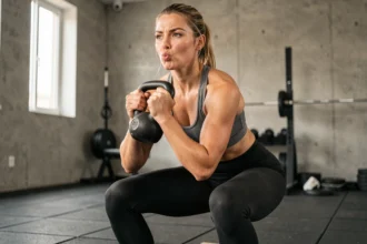 Femme réalisant un goblet squat avec kettlebell en contrôlant sa respiration, core gainé, vue en angle 3/4 dans une salle de sport moderne
