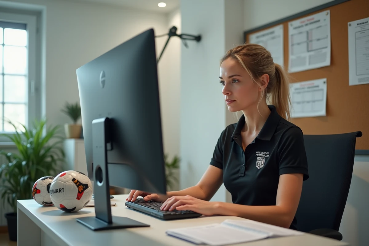 Femme responsable de club de football gérant les inscriptions au championnat du District de l'Hérault depuis un bureau administratif avec ordinateur et documents