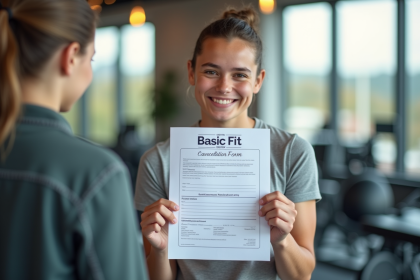Jeune adulte tenant un formulaire d'annulation Basic Fit