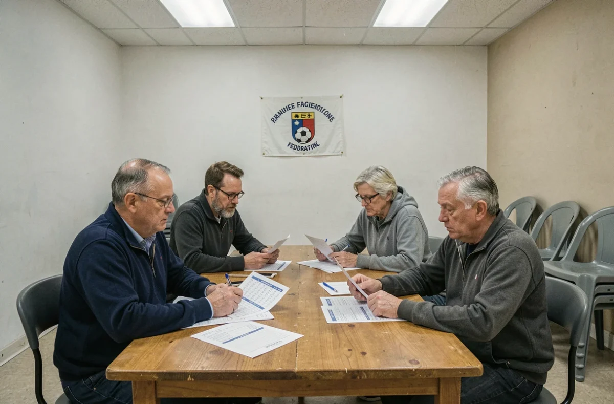 Groupe de bénévoles du Comité Drôme Ardèche Football réunis autour d'une table pour organiser les matchs et événements