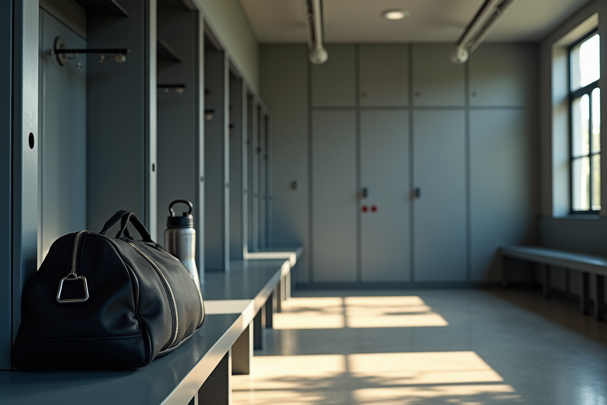 Salle de vestiaire vide avec sac et bouteille d