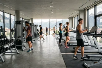 Vue panoramique d'une grande salle de musculation moderne en Auvergne-Rhône-Alpes avec équipements de fitness et adhérents en entraînement