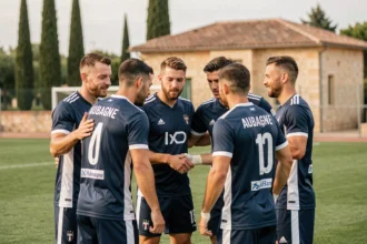 Groupe de joueurs adultes en maillot bleu lors d'une séance de sélection au Sporting Club Aubagne Air Bel sur un terrain en herbe