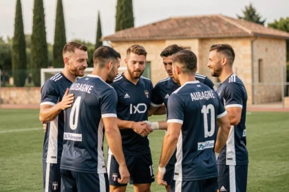 Groupe de joueurs adultes en maillot bleu lors d'une séance de sélection au Sporting Club Aubagne Air Bel sur un terrain en herbe