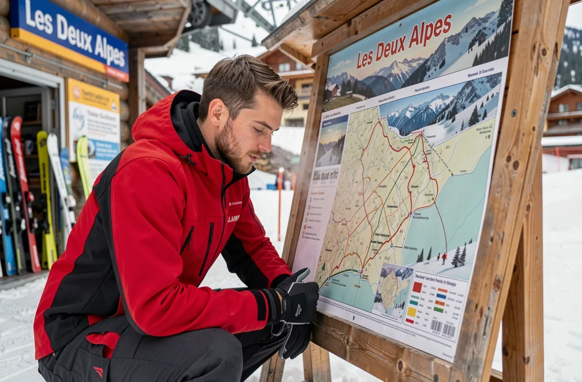 Skieur consultant le plan des pistes des Deux Alpes pour organiser un forfait courte durée