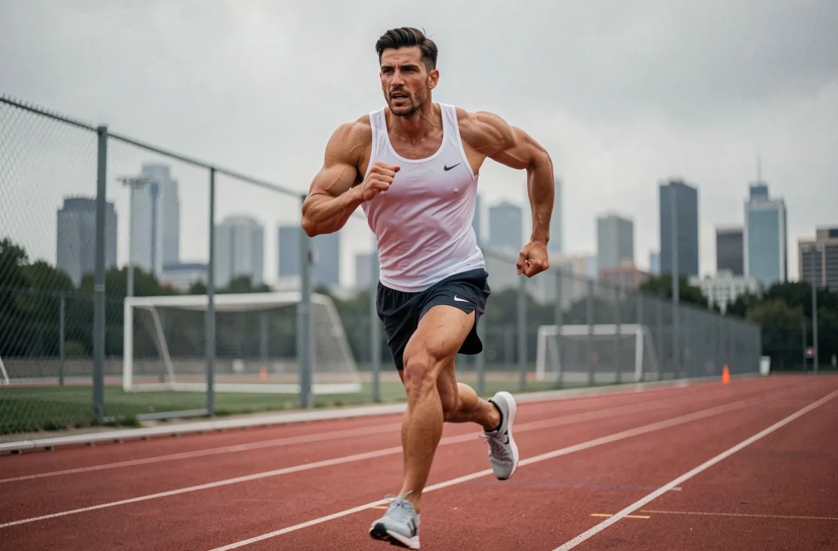 Athlète masculin en plein sprint sur une piste d'athlétisme extérieure, illustrant la préparation physique et l'endurance cardiovasculaire