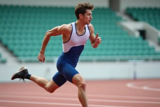 Jeune sprinter athletique en pleine course sur piste