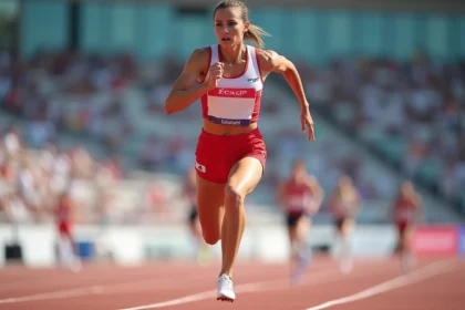 Sprinteuse en plein effort lors d'une compétition mondiale du 100 mètres féminin sur une piste d'athlétisme