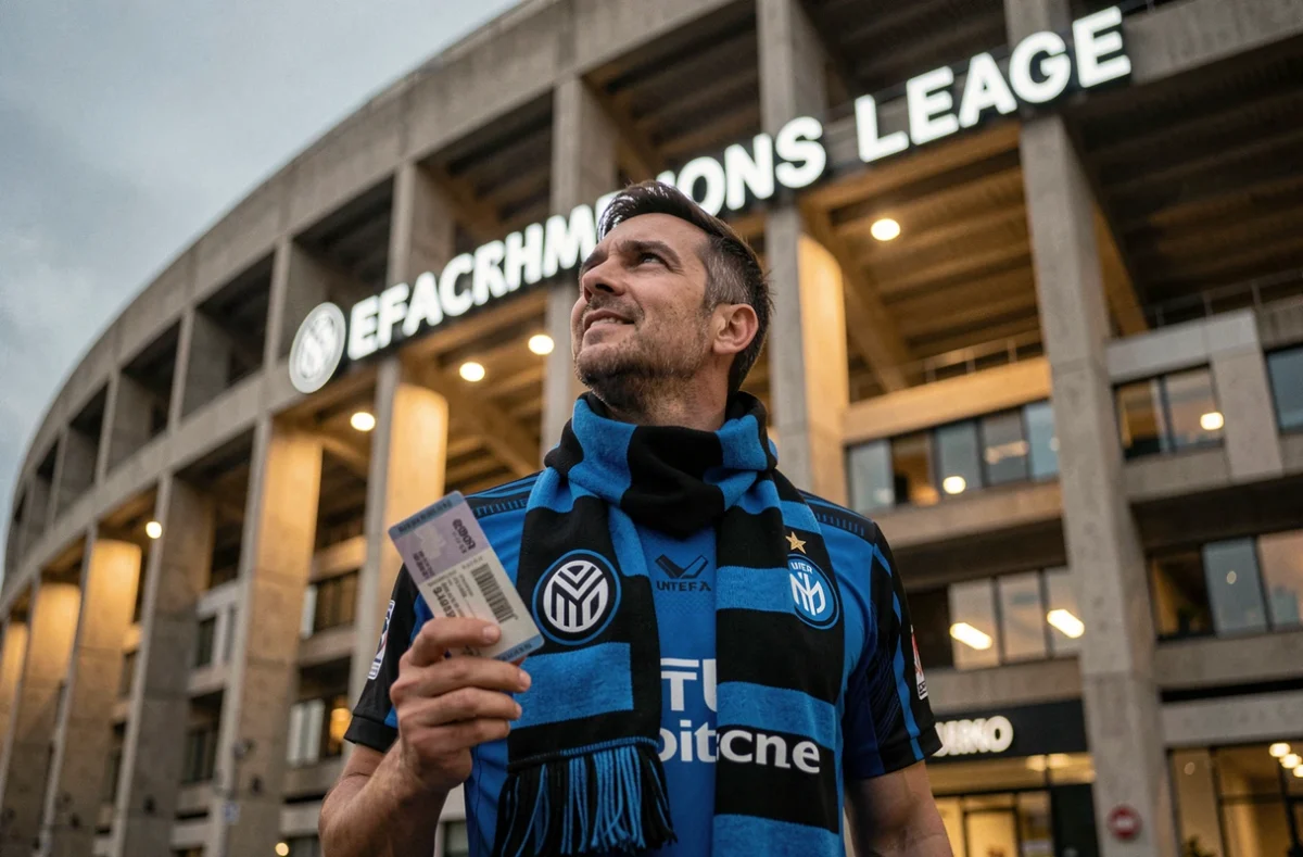 Supporter de l'Inter Milan devant un stade europeen tenant son billet avant un match de Ligue des Champions