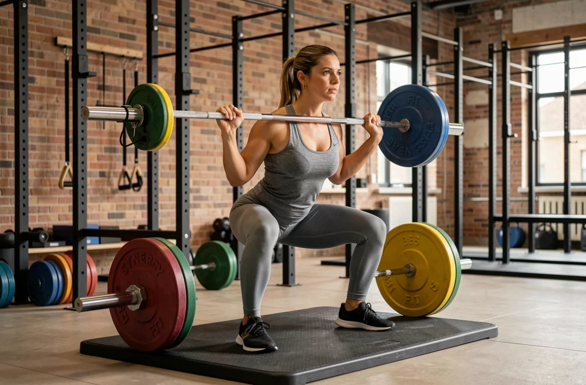Une femme effectuant un squat avec barre dans la salle de sport Synergy Fit au design industriel moderne