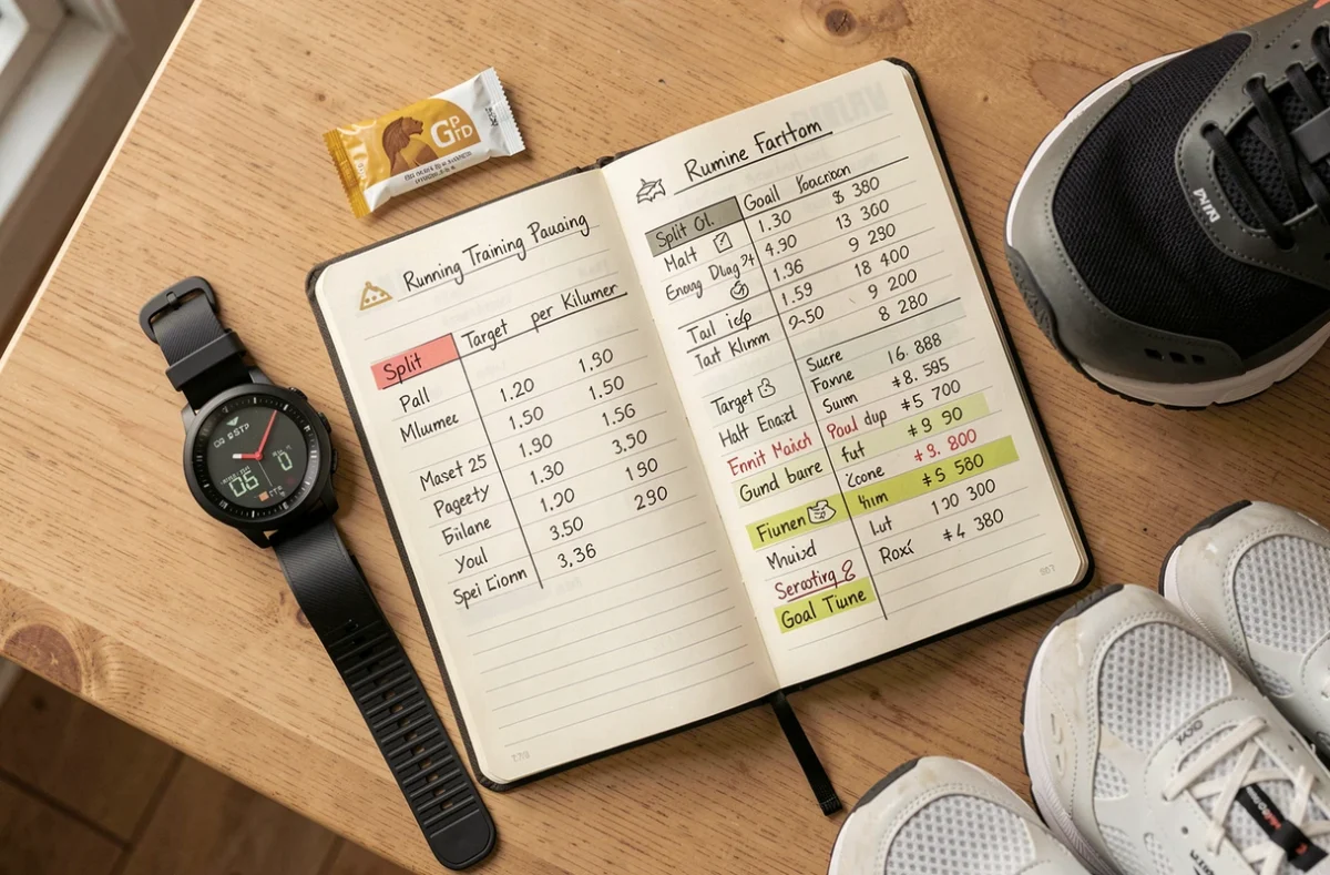 Tableau d'allures semi-marathon manuscrit avec montre GPS et ravitaillement posés sur une table en bois