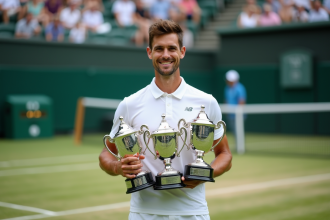 Joueur de tennis homme avec trophées en main sur court