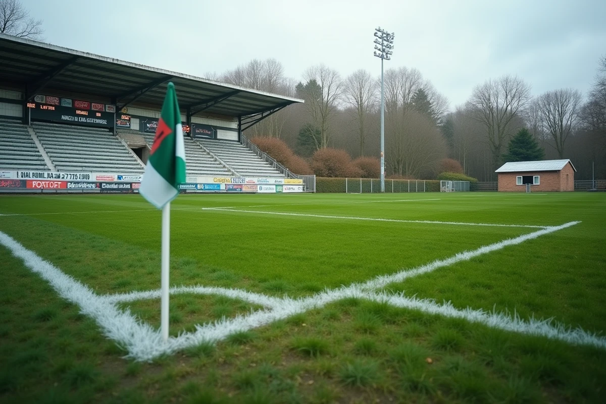 Terrain de football amateur du District de Vendée avec tribune et panneau d'affichage par temps couvert