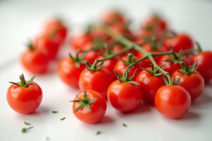 Mains avec tomates cerises fraîches sur plan de travail blanc