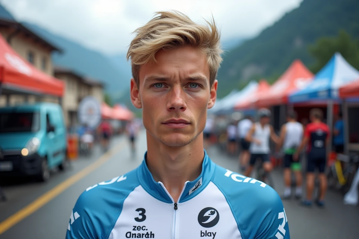 Torstein Træen au départ d'une étape de montagne dans l'ambiance du village de course cycliste professionnel