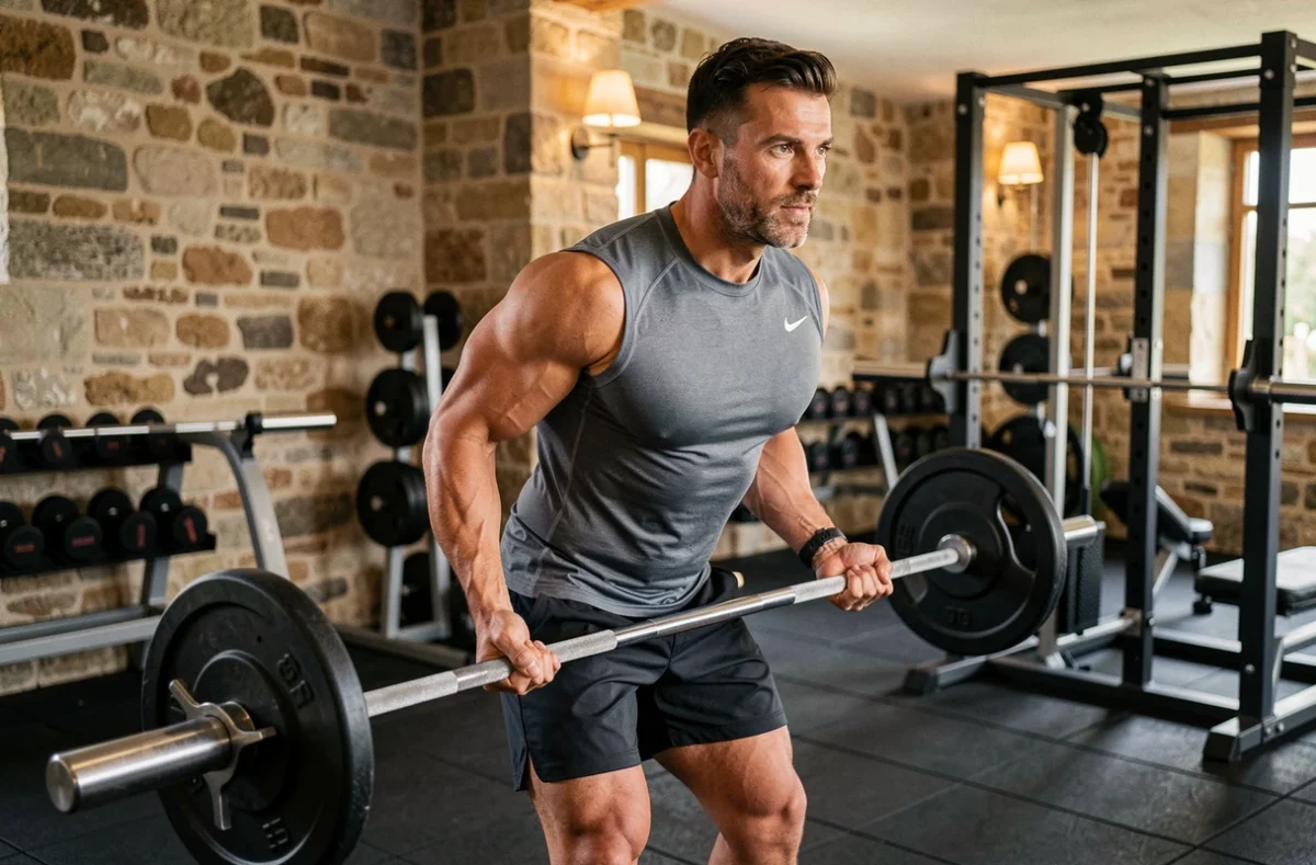 Ruben Valero, coach de force et musculation dans le Vaucluse, en pleine démonstration avec une barre de musculation