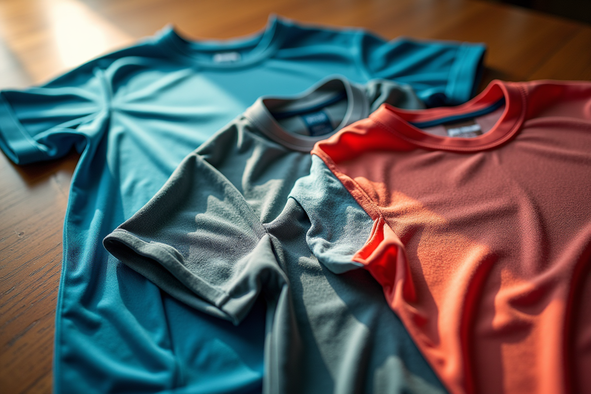 Vêtements de sport humides avec textures visibles sur une surface en bois