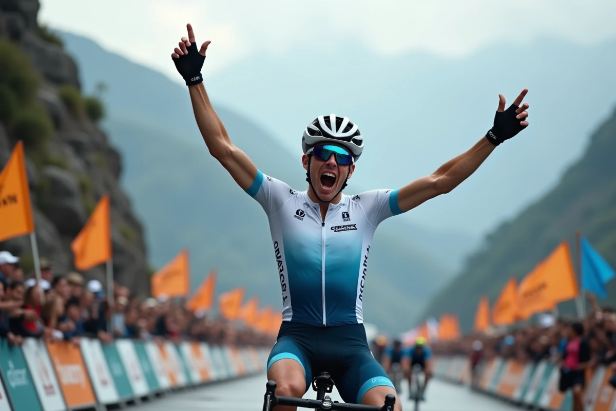 Cycliste franchissant la ligne d'arrivée au sommet d'un col lors d'une victoire en course par étapes de montagne
