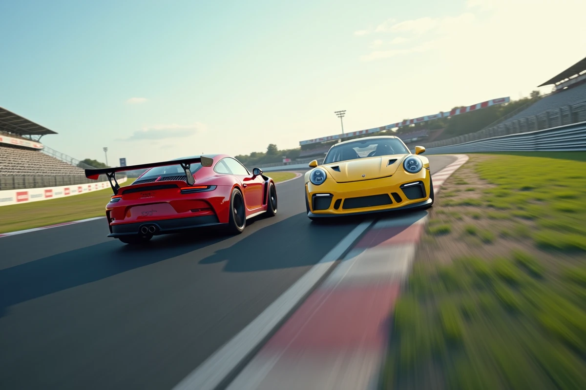 Deux voitures de sport en pleine action dans un virage lors d'une session de stage de pilotage sur circuit