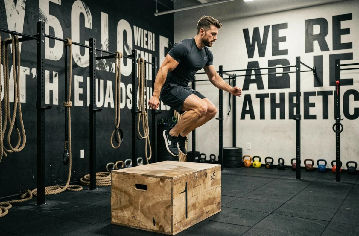 Un homme en plein saut sur box dans un espace de cross-training We Are Athletic aux murs graphiques