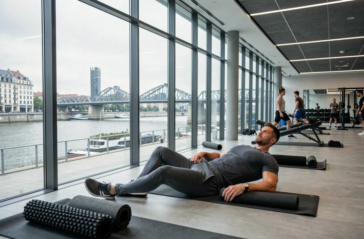Un homme dans l'espace bien-être du Wellness Sport Club Lyon Confluence avec vue sur les quais et architecture premium