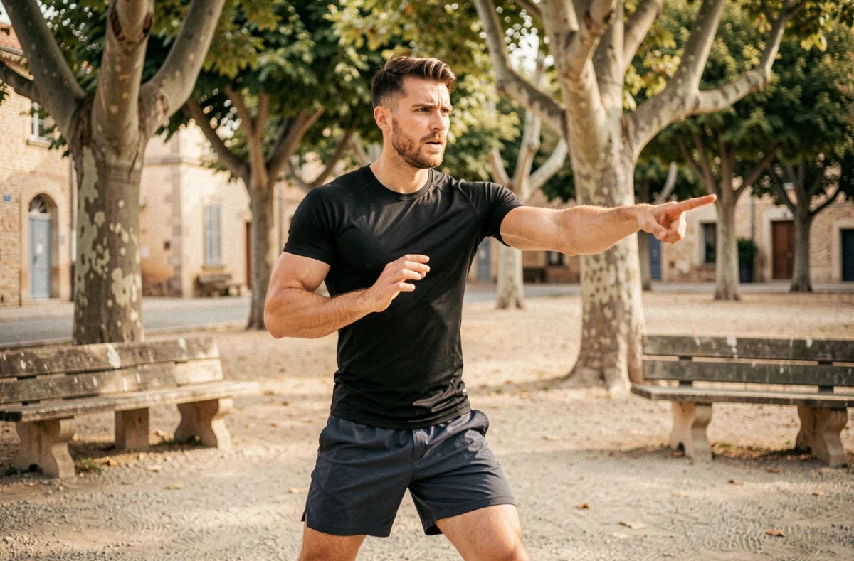 Yoann Ryl, coach sportif dynamique en pleine démonstration dans un parc du Vaucluse
